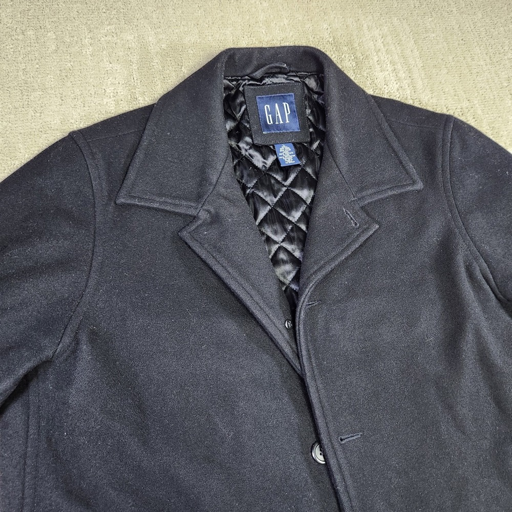 Vintage GAP Jacket Men Large Black Heavy Wool Tweed Lined Overcoat Button Front
